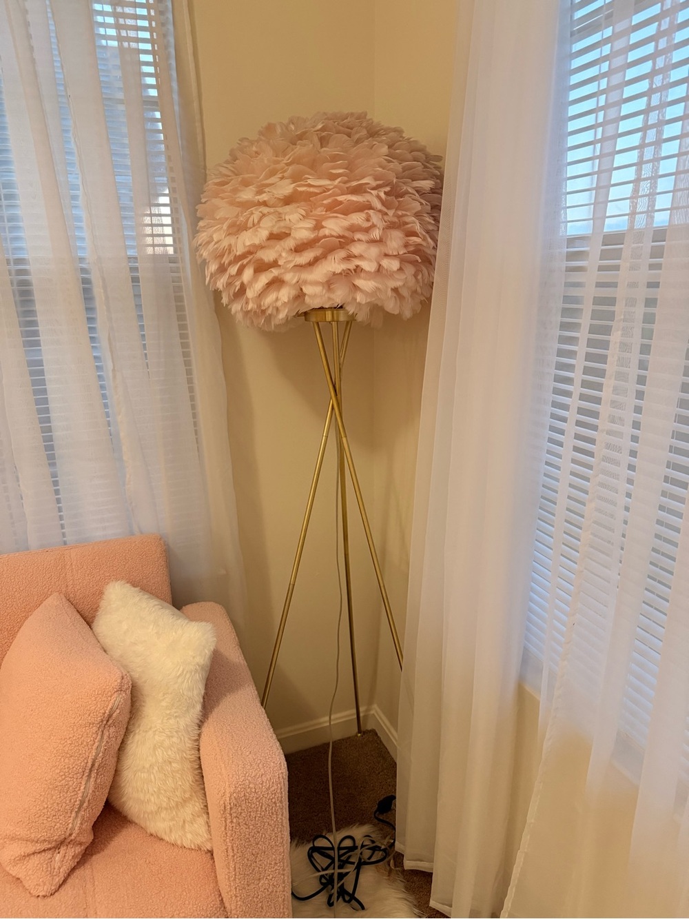 Pink Feather Floor Lamp with Gold Tripod Base